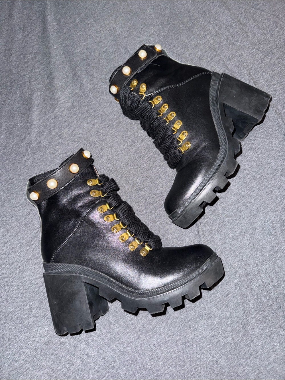 Gucci Black Leather Chunky Lace-Up Ankle Boots with Pearl Trim